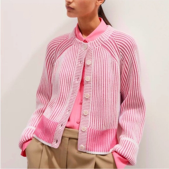 NEW! ME+EM Perfect Pink and White Soft Touch Rib Cotton Cardigan Size Medium